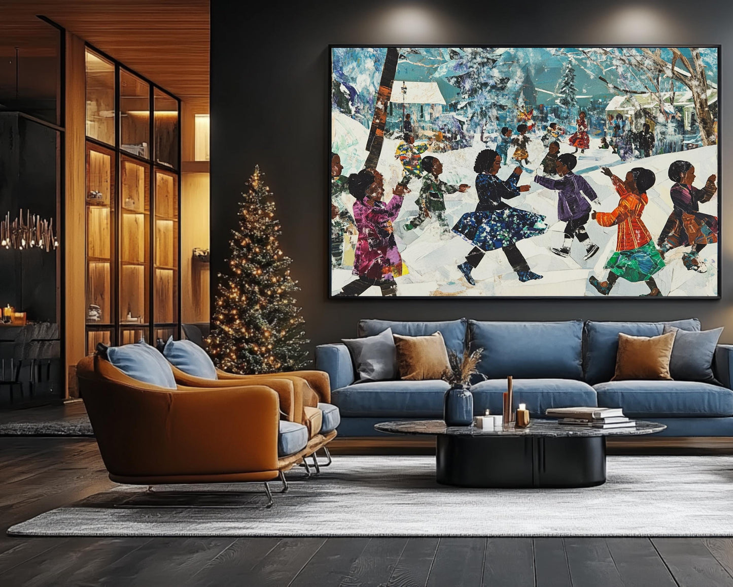 Black Children Playing in the Snow | African American Christmas Art | Festive Winter Scene Canvas | Holiday Wall Decor for Christmas