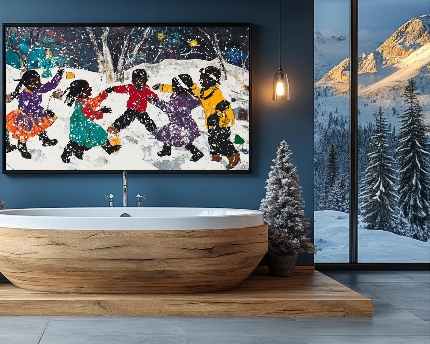 Black Children Playing in Snow | African American Christmas Art | Festive Winter Scene Canvas | Snow Day Wall Decor for Christmas Home