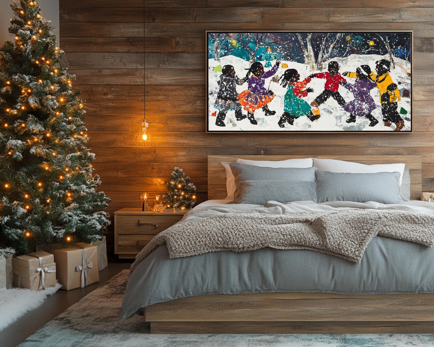 Black Children Playing in Snow | African American Christmas Art | Festive Winter Scene Canvas | Snow Day Wall Decor for Christmas Home