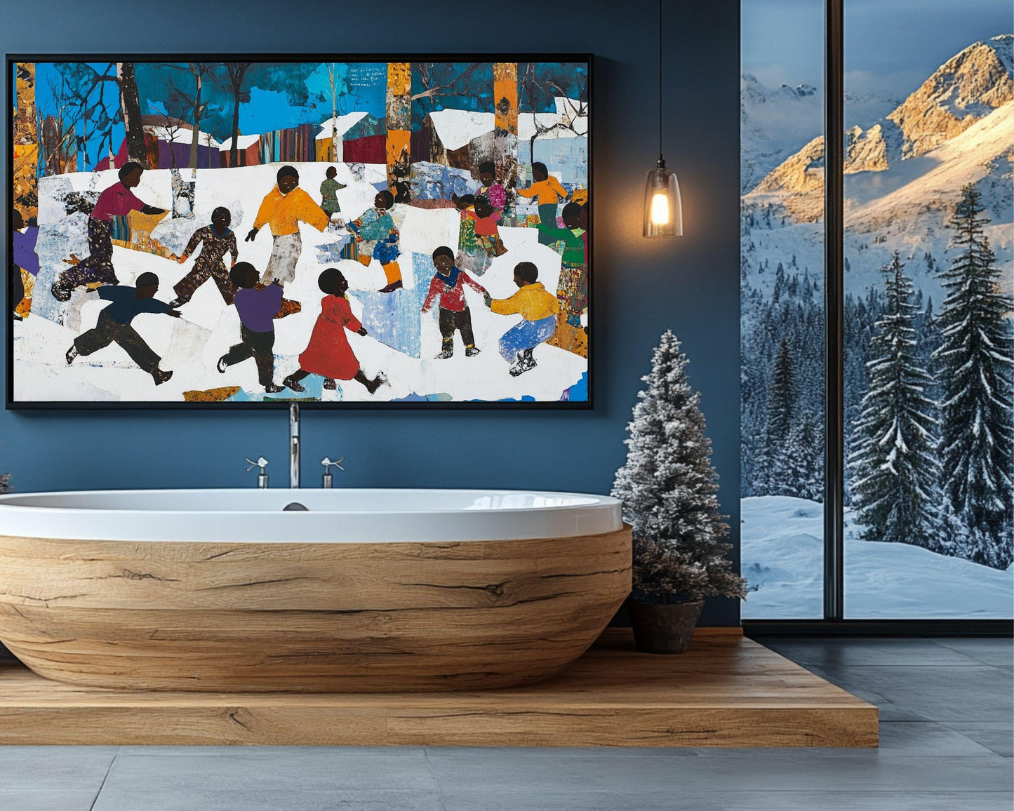 Black Children Playing in the Snow | African American Christmas Art | Winter Holiday Scene Canvas | Festive Christmas Wall Decor