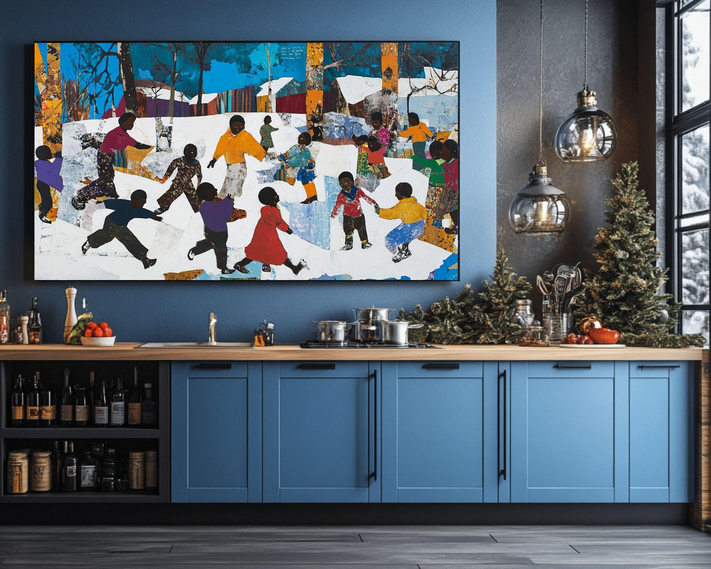 Black Children Playing in the Snow | African American Christmas Art | Winter Holiday Scene Canvas | Festive Christmas Wall Decor