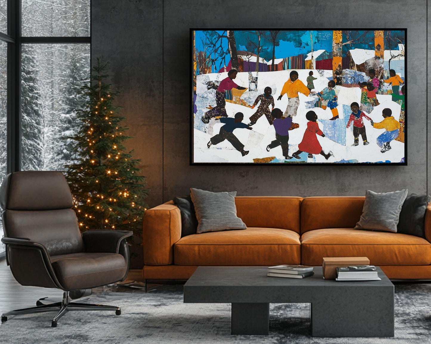 Black Children Playing in the Snow | African American Christmas Art | Winter Holiday Scene Canvas | Festive Christmas Wall Decor