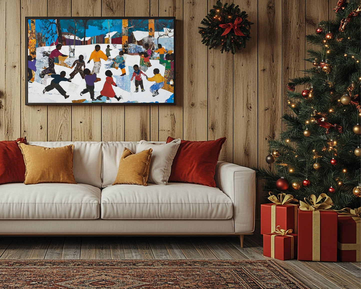 Black Children Playing in the Snow | African American Christmas Art | Winter Holiday Scene Canvas | Festive Christmas Wall Decor