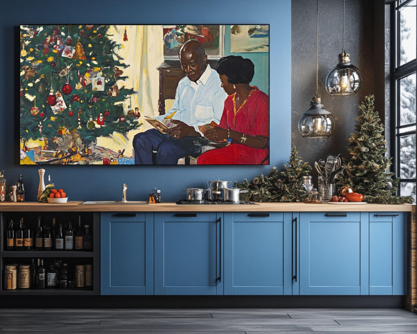 Black Family Gathering by the Christmas Tree | African American Christmas Art | Festive Holiday Scene Canvas | Warm Christmas Wall Decor