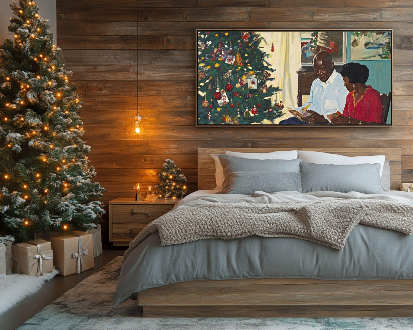 Black Family Gathering by the Christmas Tree | African American Christmas Art | Festive Holiday Scene Canvas | Warm Christmas Wall Decor