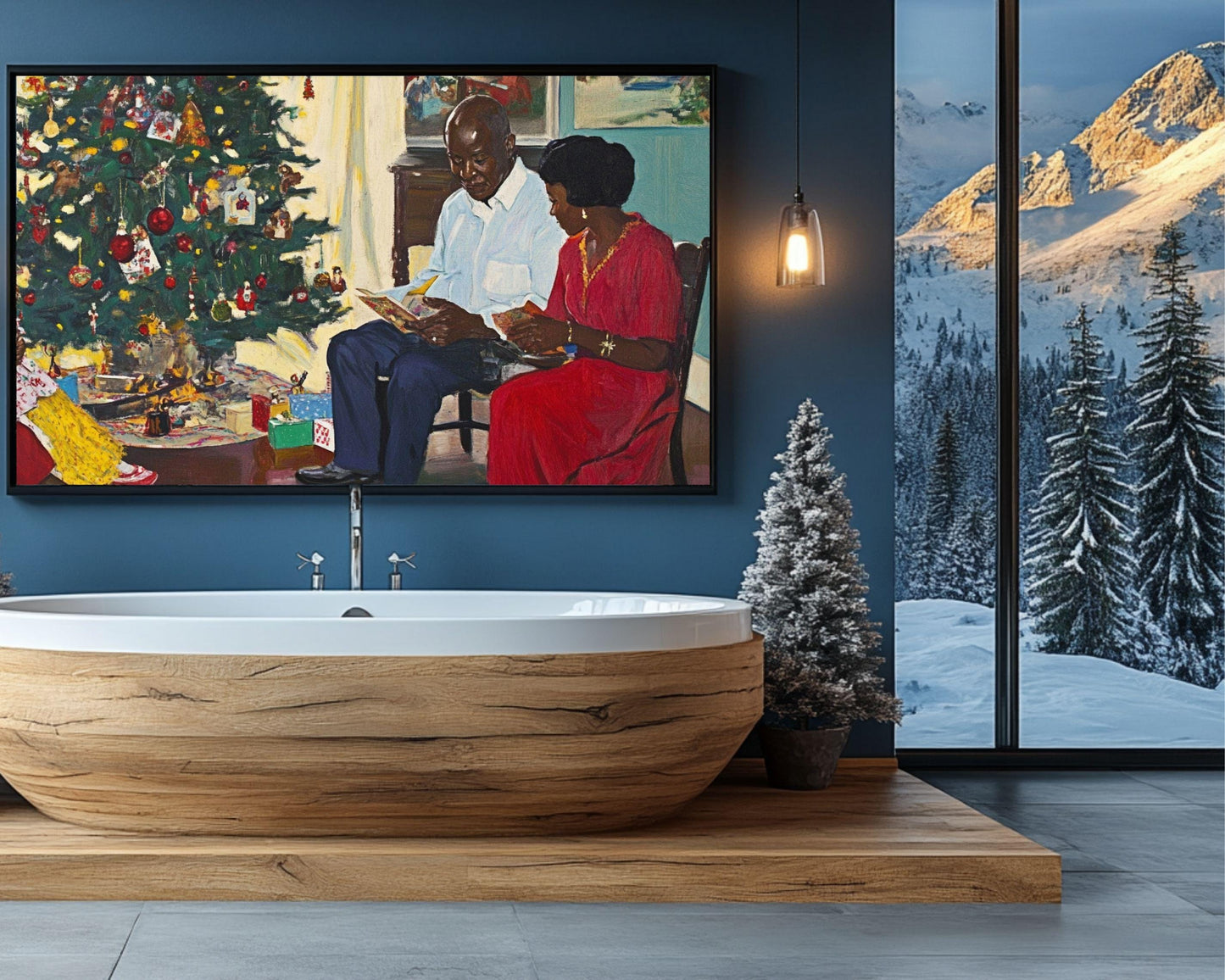 Black Family Gathering by the Christmas Tree | African American Christmas Art | Festive Holiday Scene Canvas | Warm Christmas Wall Decor