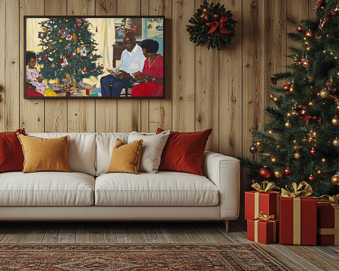 Black Family Gathering by the Christmas Tree | African American Christmas Art | Festive Holiday Scene Canvas | Warm Christmas Wall Decor