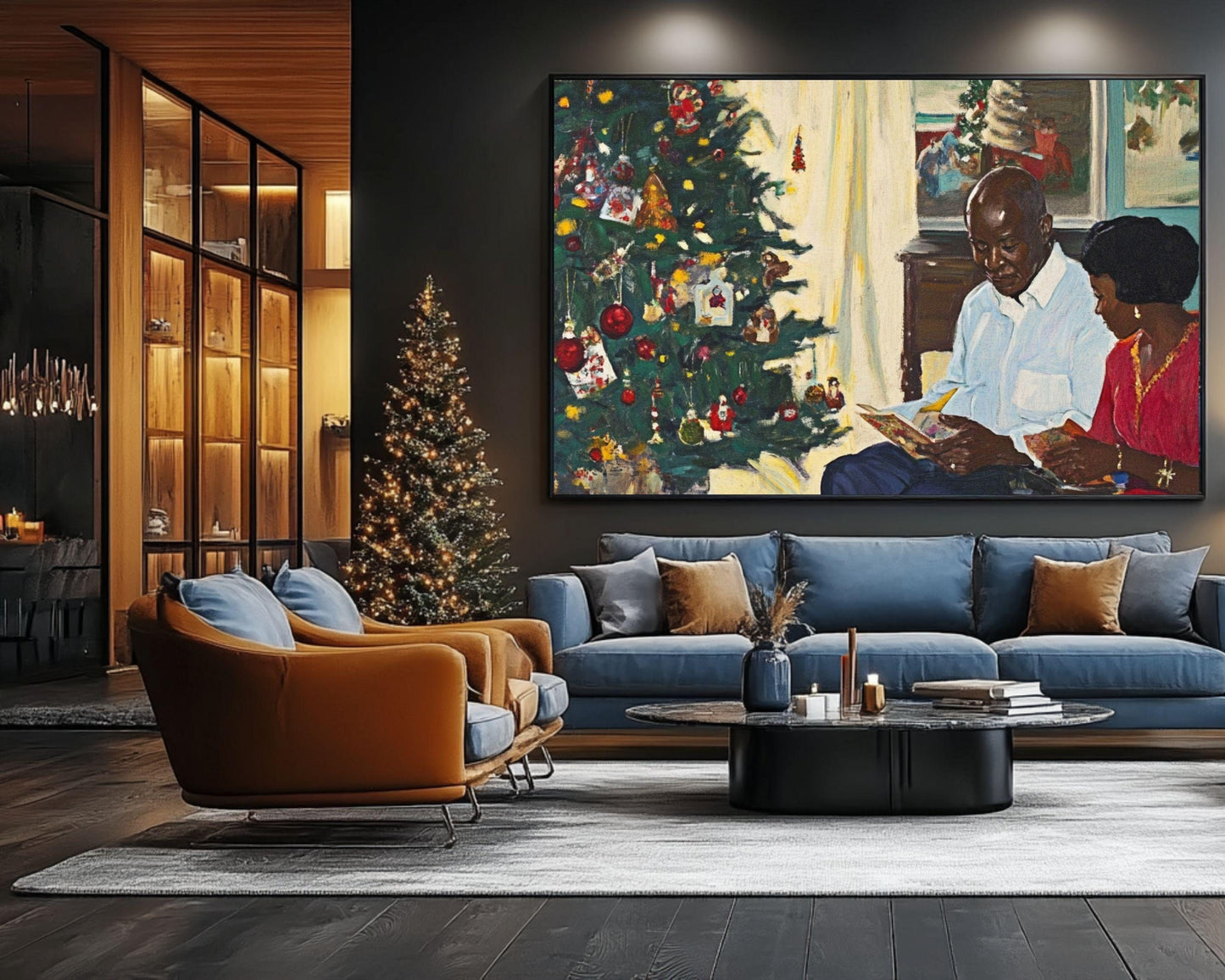 Black Family Gathering by the Christmas Tree | African American Christmas Art | Festive Holiday Scene Canvas | Warm Christmas Wall Decor