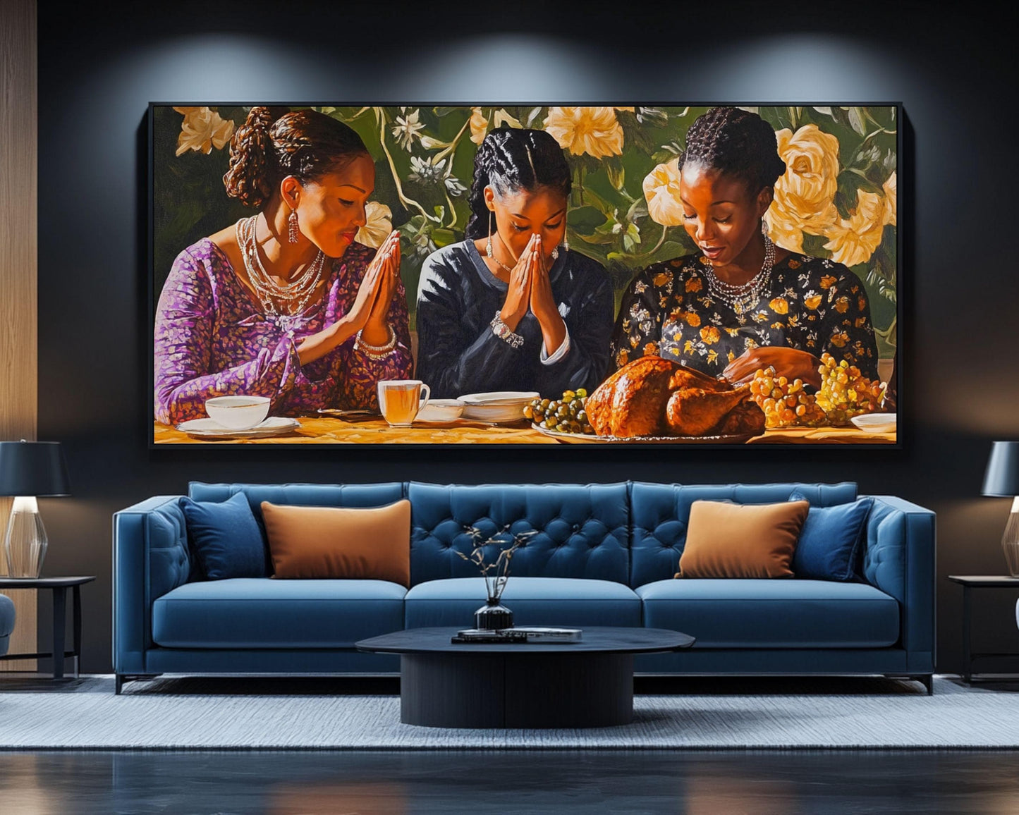 Black Family Praying at Thanksgiving Dinner | African American Thanksgiving Art | Festive Holiday Feast Canvas | Warm Fall Home Decor