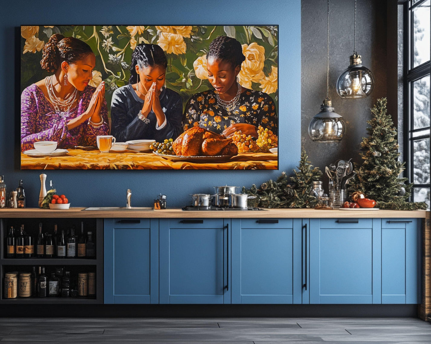 Black Family Praying at Thanksgiving Dinner | African American Thanksgiving Art | Festive Holiday Feast Canvas | Warm Fall Home Decor