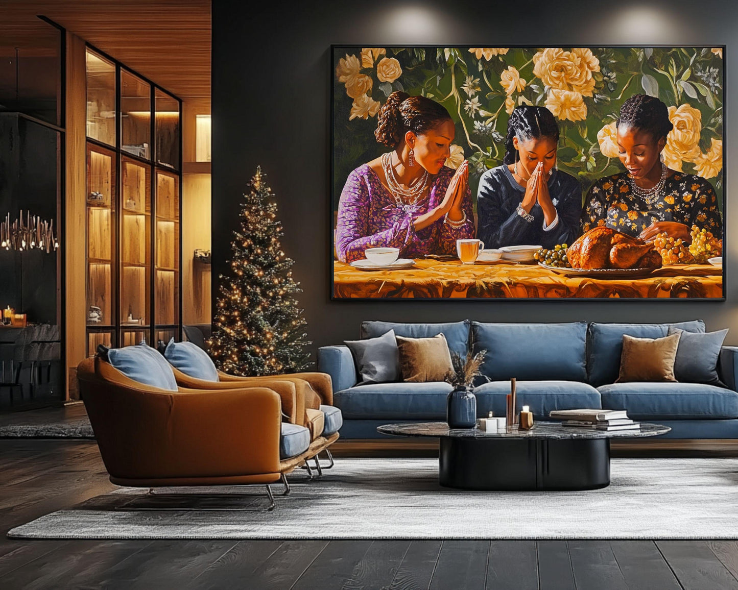 Black Family Praying at Thanksgiving Dinner | African American Thanksgiving Art | Festive Holiday Feast Canvas | Warm Fall Home Decor