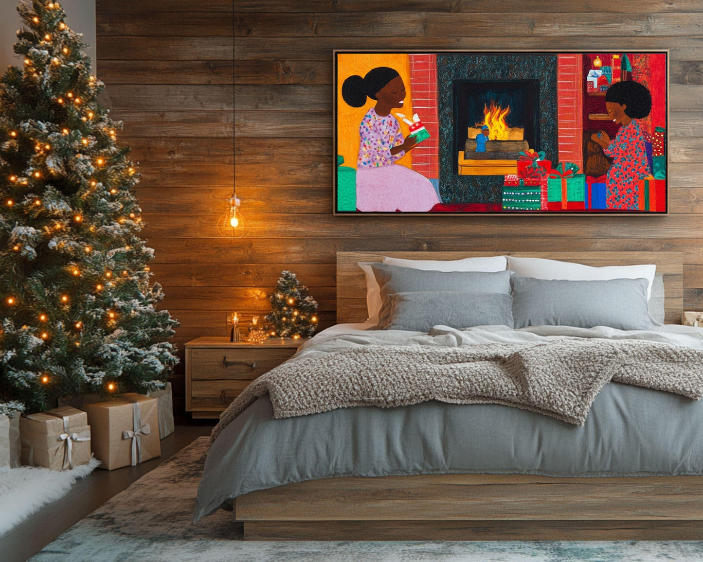 Black Family Opening Christmas Presents by the Fireplace | African American Holiday Art | Quilt-Style Christmas Art |Christmas Decor