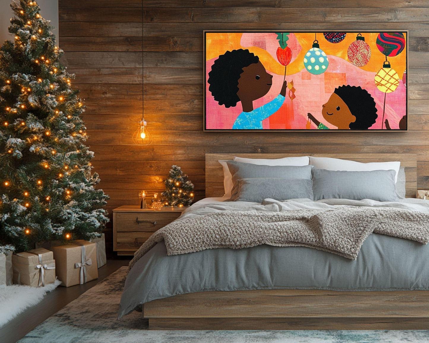 Black Children Hanging Christmas Ornaments | African American Holiday Art | Festive Quilt-Style Christmas Scene | Christmas Home Decor