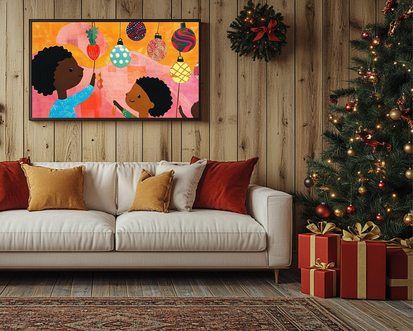 Black Children Hanging Christmas Ornaments | African American Holiday Art | Festive Quilt-Style Christmas Scene | Christmas Home Decor