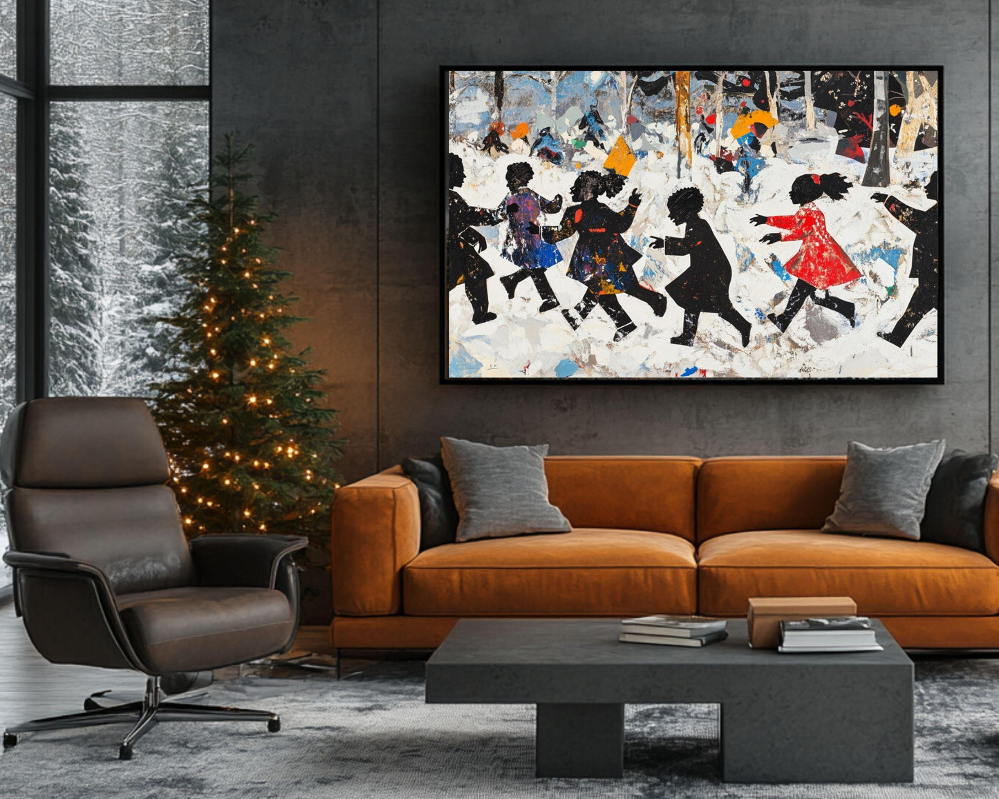 Black Children Playing in Snow | African American Winter Art | Festive Holiday Snow Scene Canvas | Vibrant Christmas Wall Decor