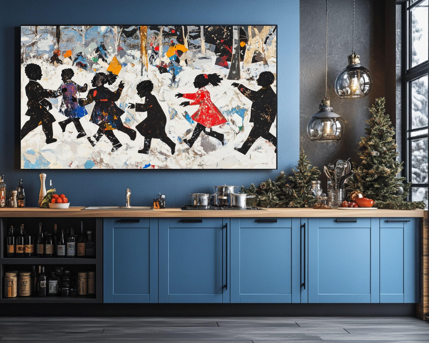 Black Children Playing in Snow | African American Winter Art | Festive Holiday Snow Scene Canvas | Vibrant Christmas Wall Decor