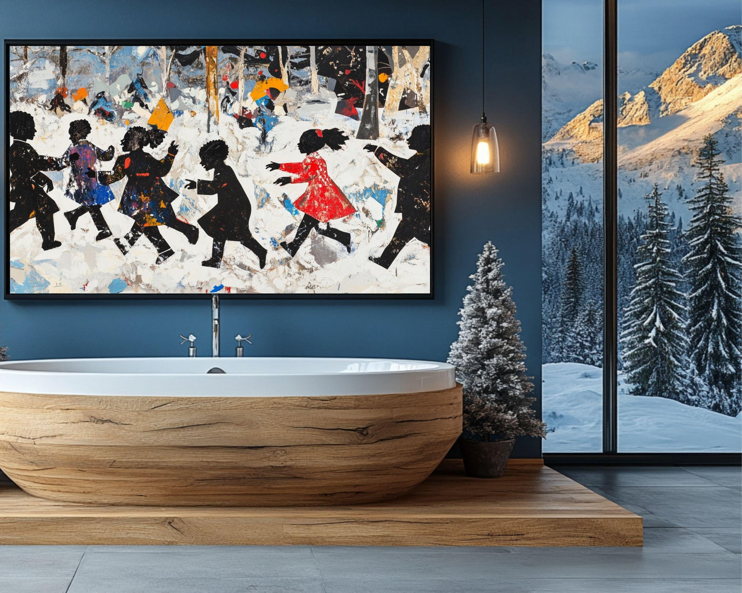 Black Children Playing in Snow | African American Winter Art | Festive Holiday Snow Scene Canvas | Vibrant Christmas Wall Decor