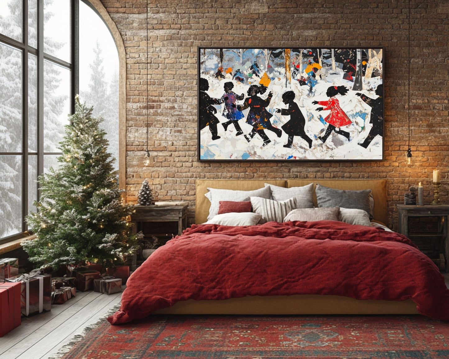 Black Children Playing in Snow | African American Winter Art | Festive Holiday Snow Scene Canvas | Vibrant Christmas Wall Decor