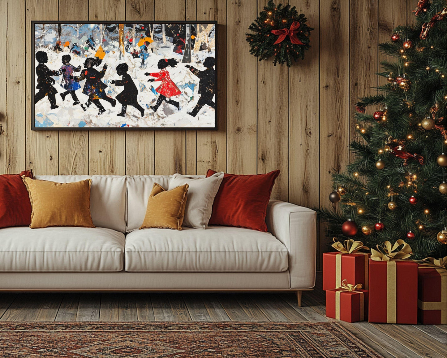 Black Children Playing in Snow | African American Winter Art | Festive Holiday Snow Scene Canvas | Vibrant Christmas Wall Decor