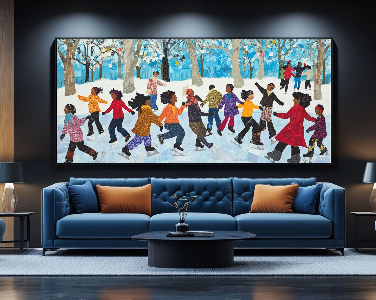 Black Friends Ice Skating in Winter | African American Quilt-Style Art | Festive Winter Scene Canvas | Vibrant Holiday Wall Decor