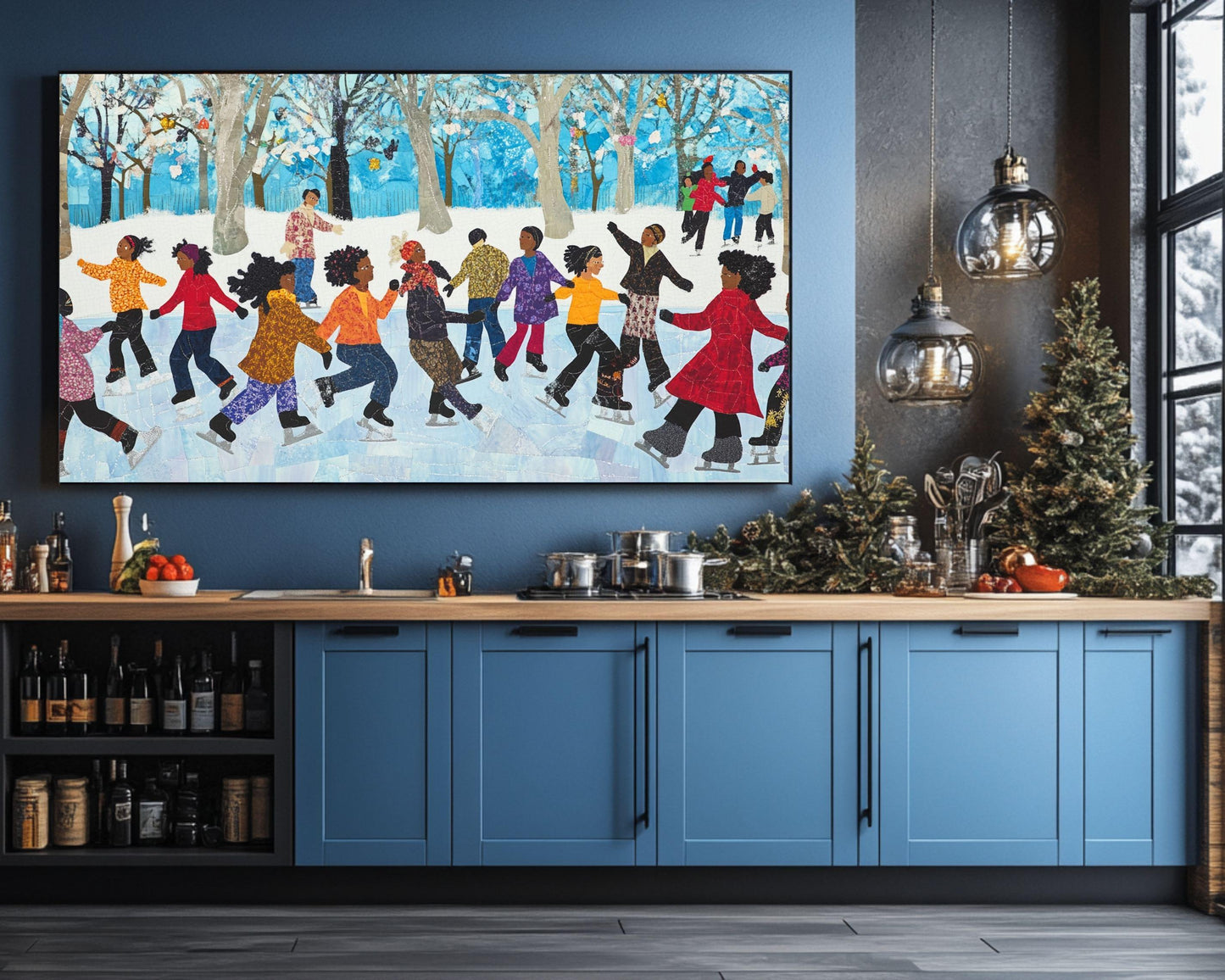 Black Friends Ice Skating in Winter | African American Quilt-Style Art | Festive Winter Scene Canvas | Vibrant Holiday Wall Decor