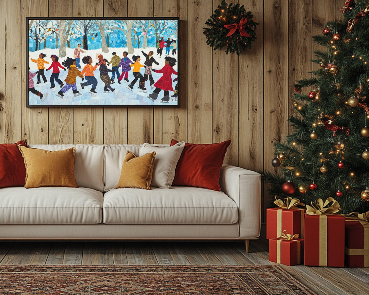 Black Friends Ice Skating in Winter | African American Quilt-Style Art | Festive Winter Scene Canvas | Vibrant Holiday Wall Decor