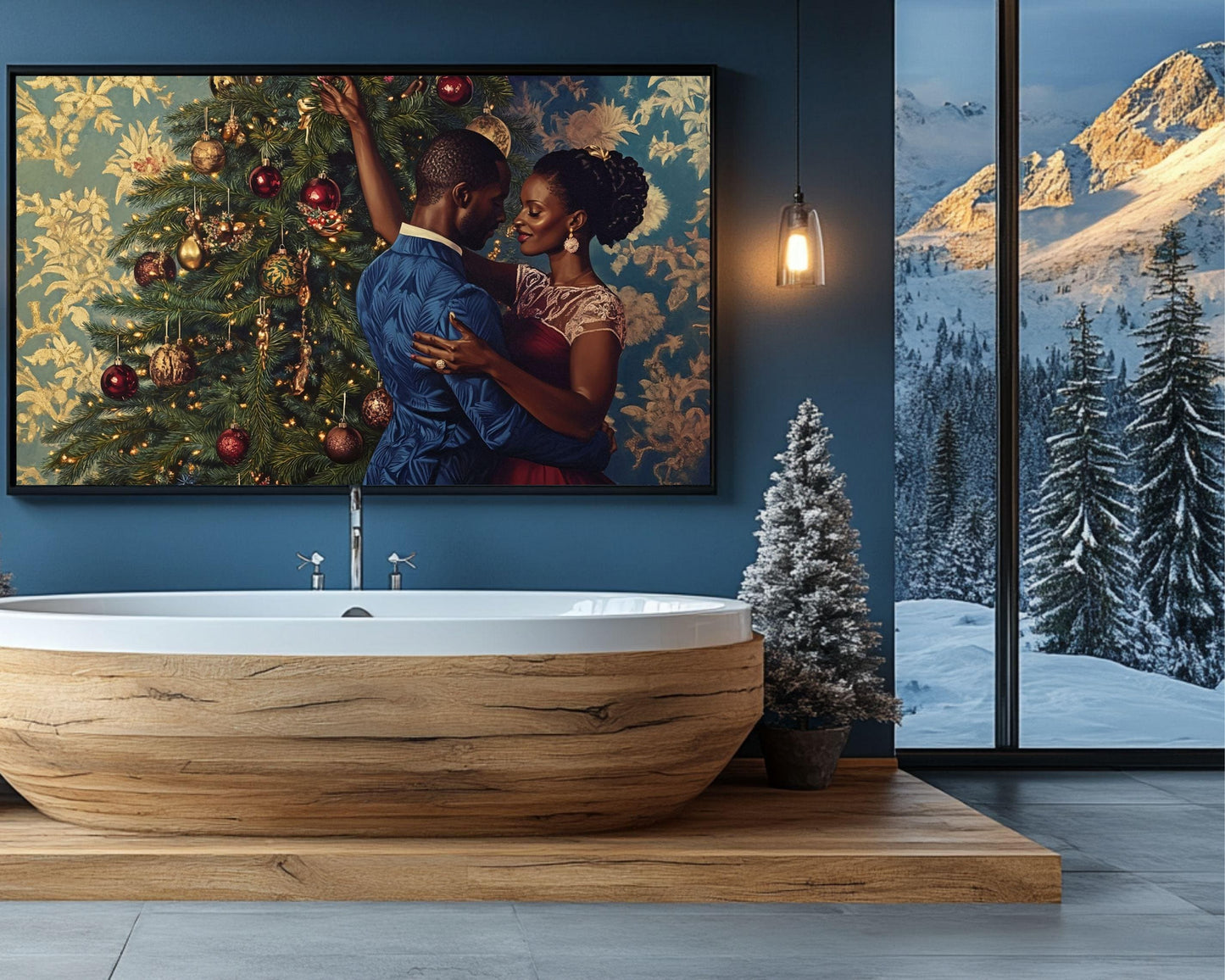 Black Couple Decorating Christmas Tree | African American Holiday Art | Elegant Christmas Scene Canvas | Romantic Christmas Home Decor