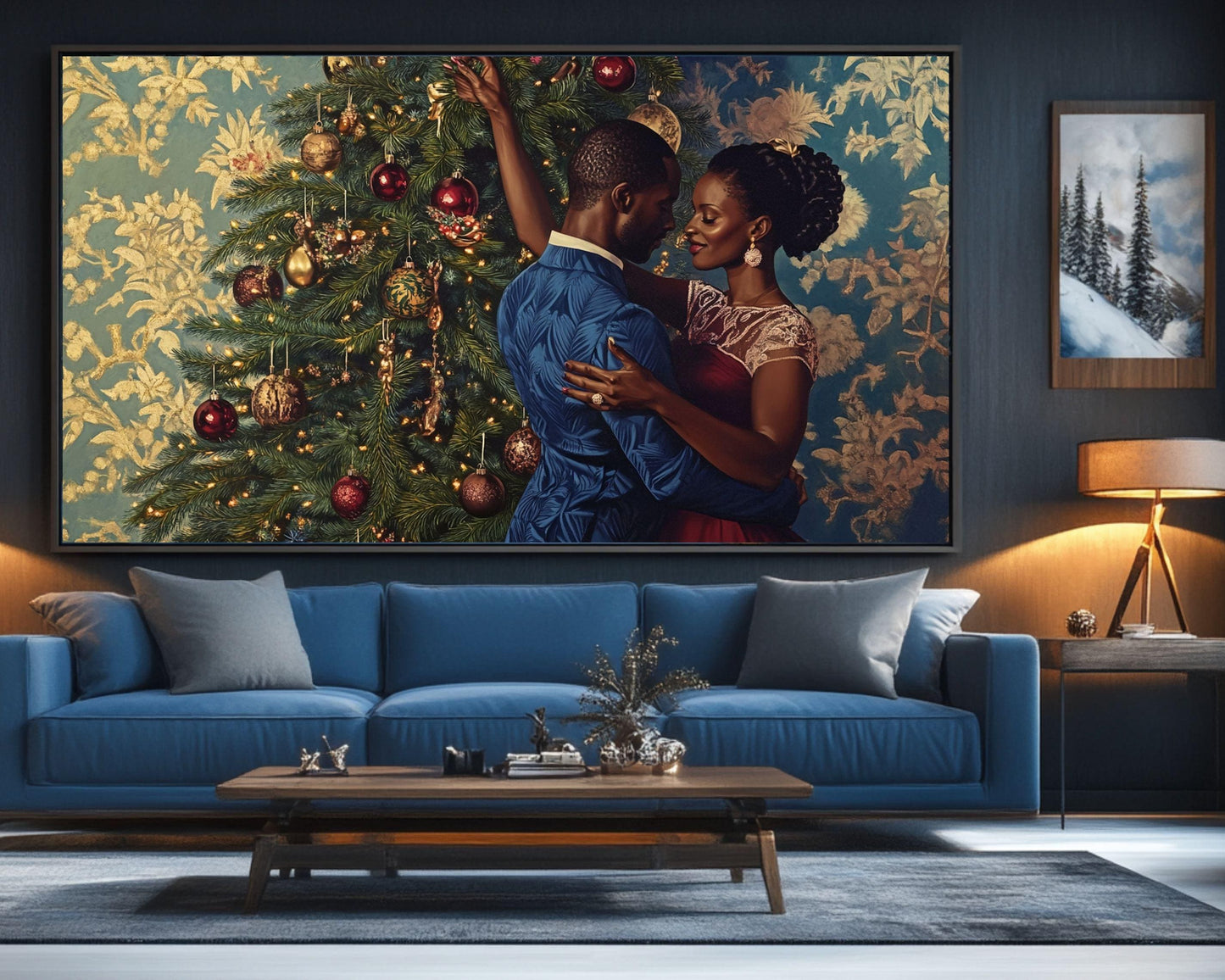 Black Couple Decorating Christmas Tree | African American Holiday Art | Elegant Christmas Scene Canvas | Romantic Christmas Home Decor