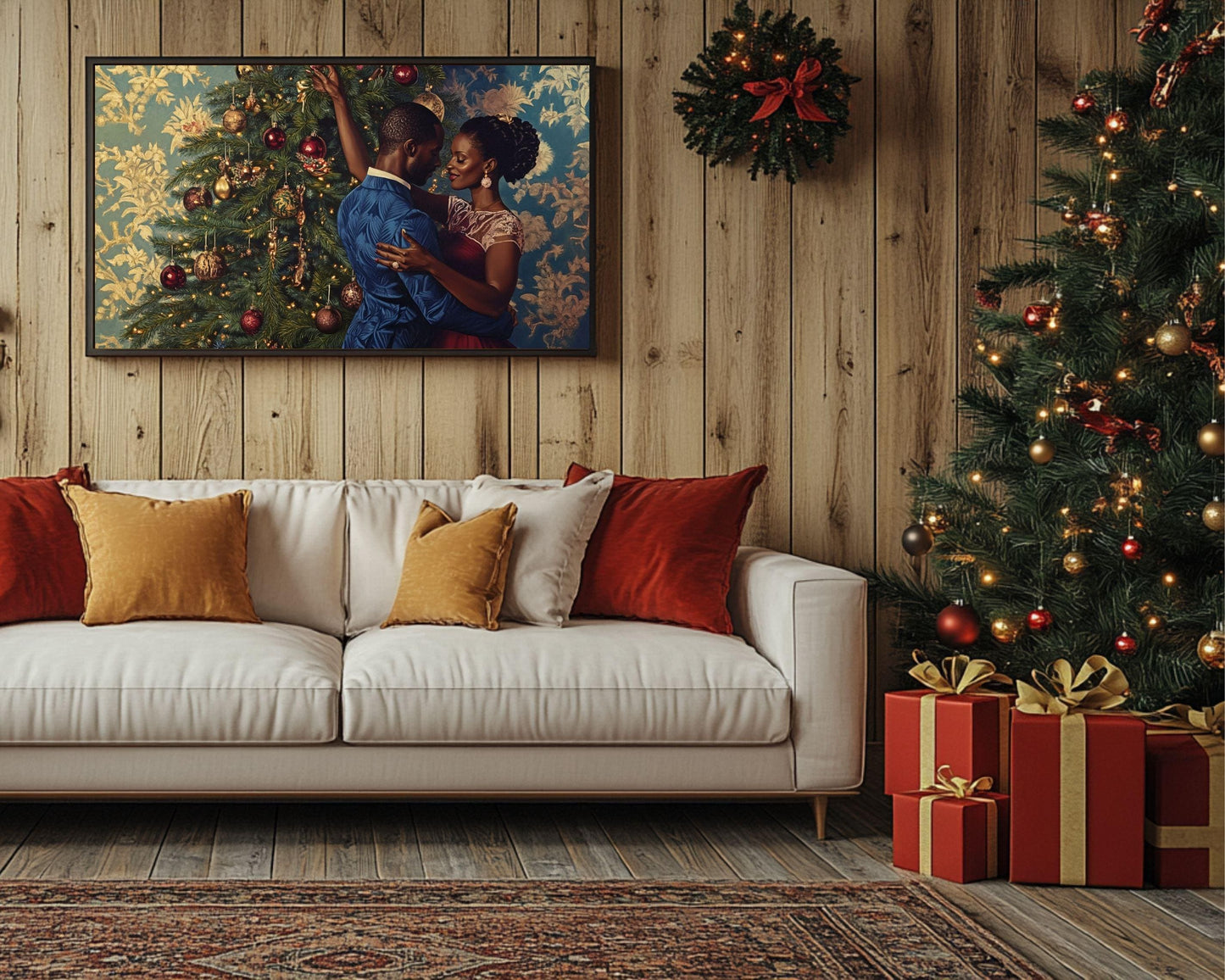 Black Couple Decorating Christmas Tree | African American Holiday Art | Elegant Christmas Scene Canvas | Romantic Christmas Home Decor