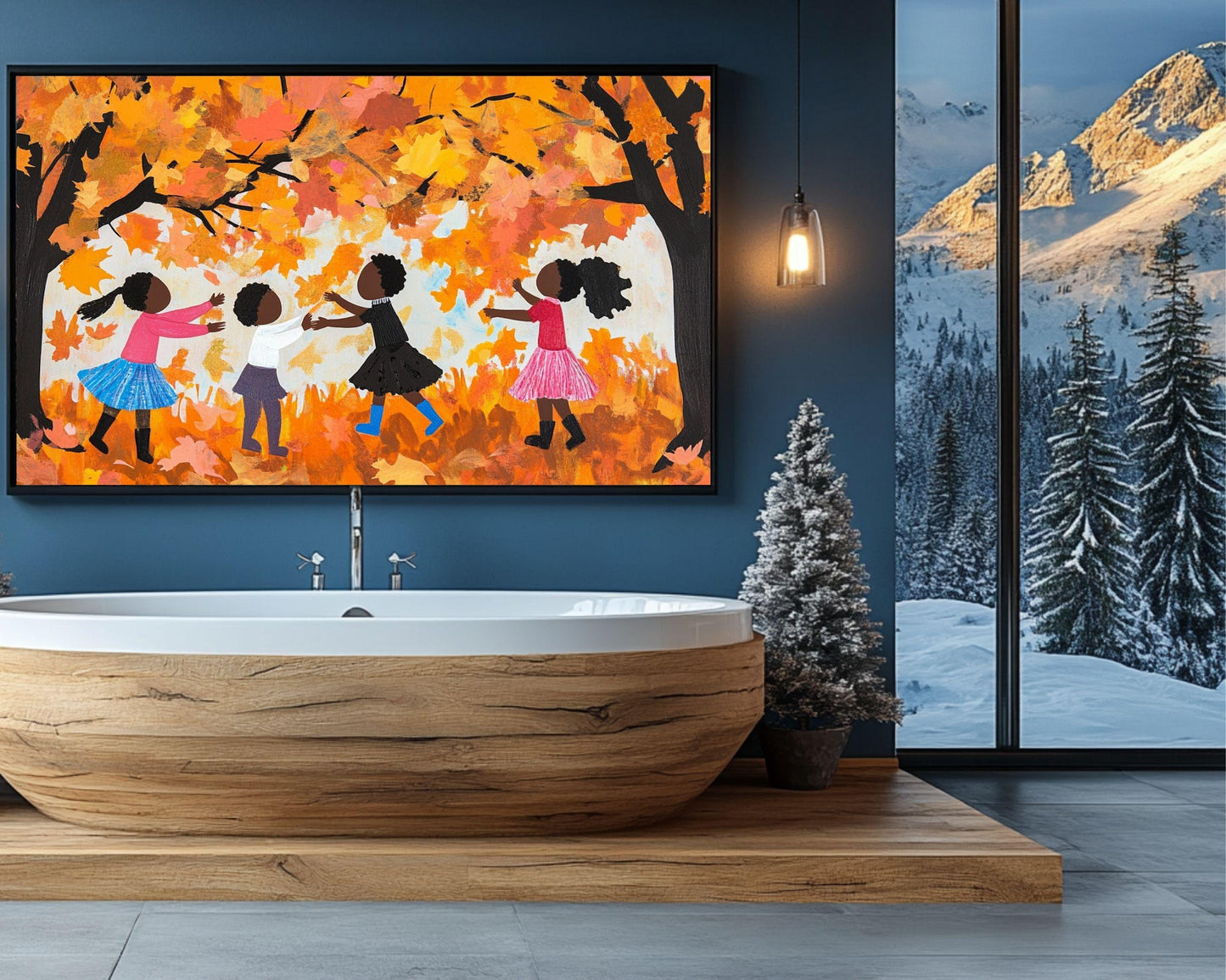 Black Children Collecting Fall Leaves | African American Autumn Art | Vibrant Fall Scene Canvas | Joyful Autumn Wall Decor