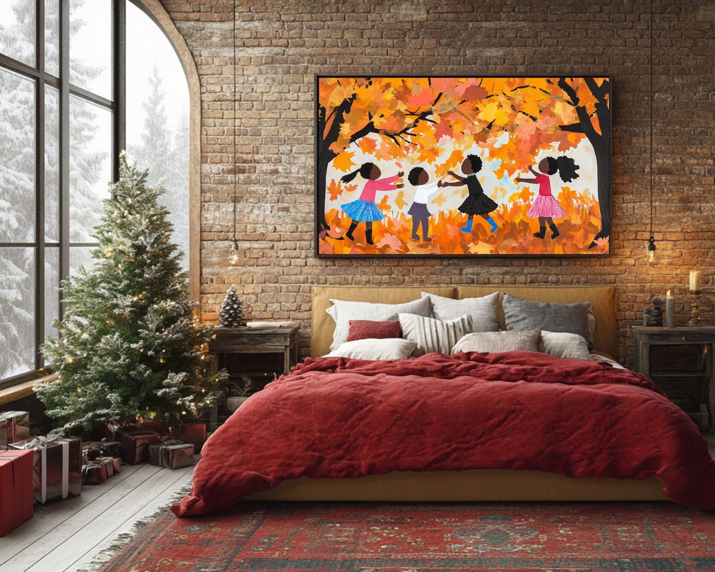 Black Children Collecting Fall Leaves | African American Autumn Art | Vibrant Fall Scene Canvas | Joyful Autumn Wall Decor