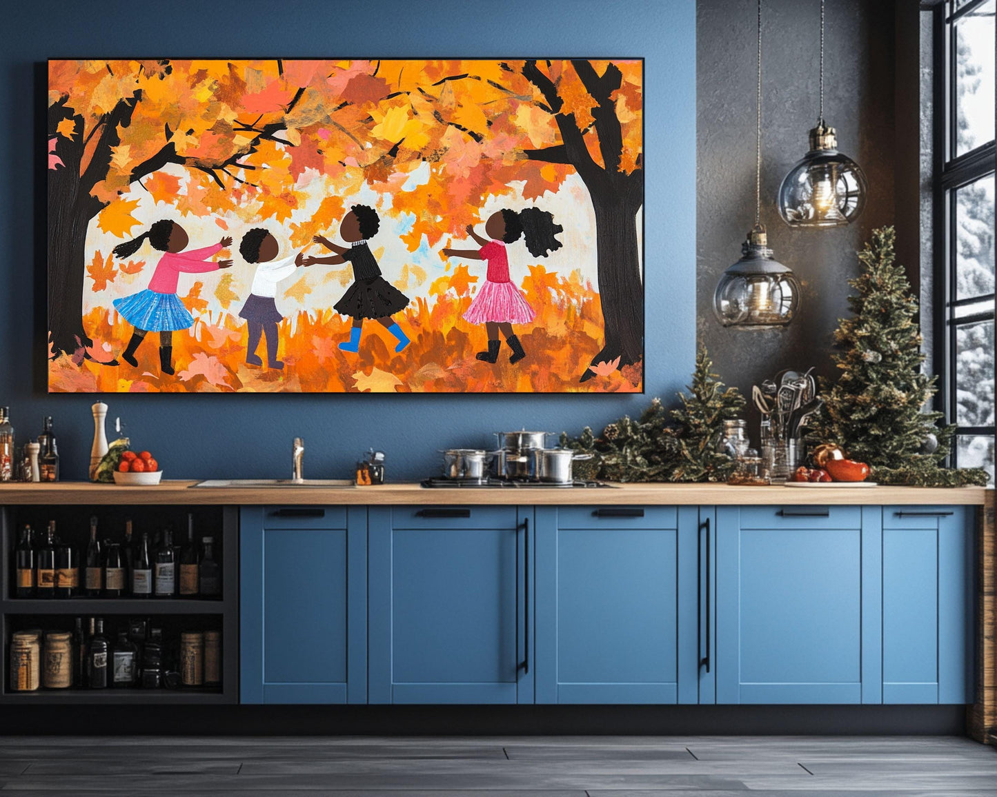 Black Children Collecting Fall Leaves | African American Autumn Art | Vibrant Fall Scene Canvas | Joyful Autumn Wall Decor