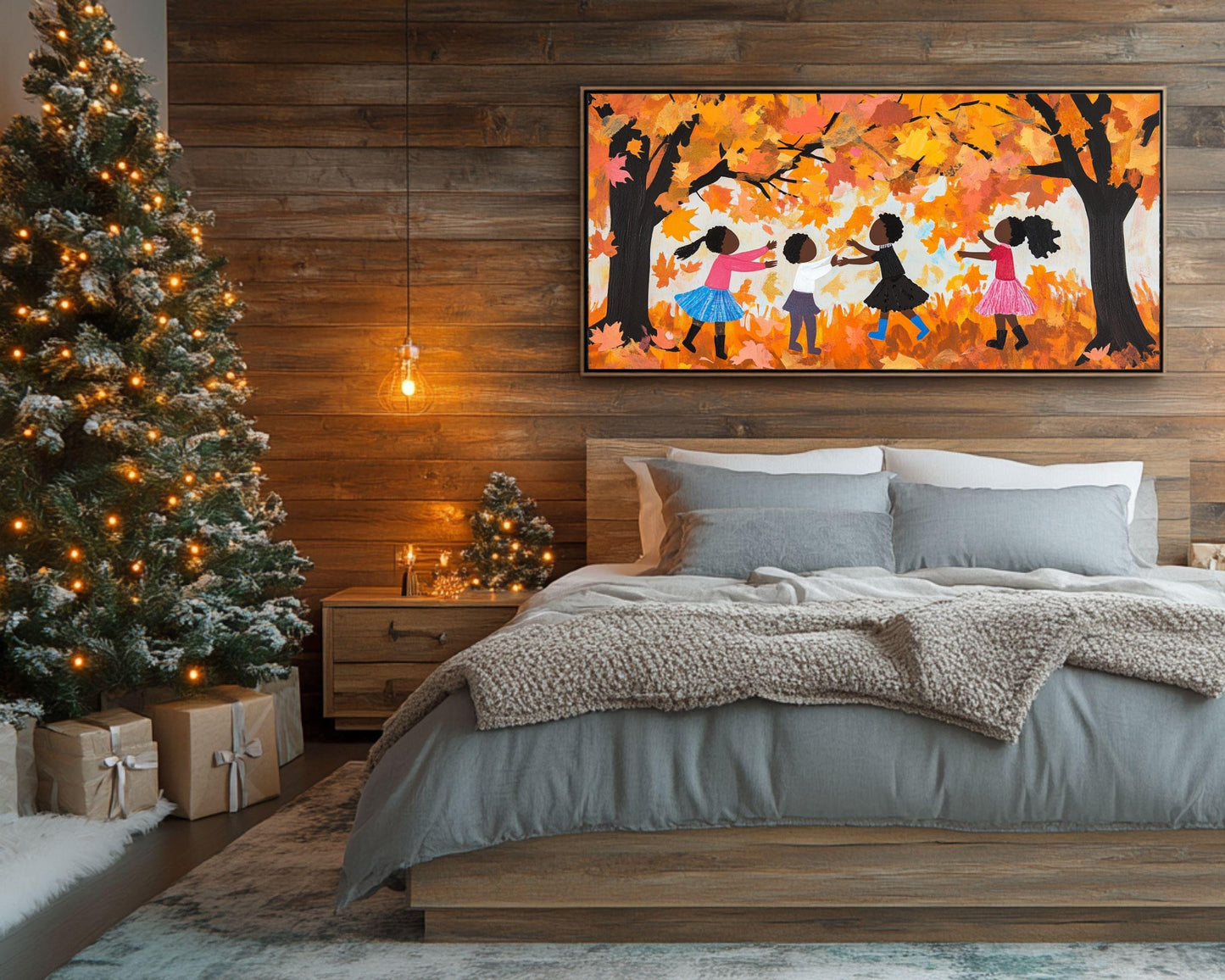 Black Children Collecting Fall Leaves | African American Autumn Art | Vibrant Fall Scene Canvas | Joyful Autumn Wall Decor