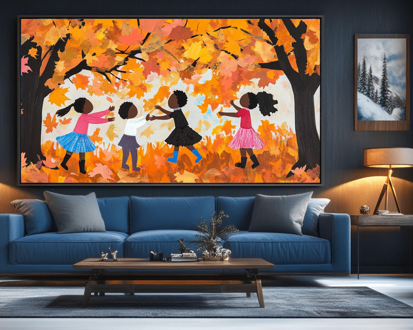 Black Children Collecting Fall Leaves | African American Autumn Art | Vibrant Fall Scene Canvas | Joyful Autumn Wall Decor