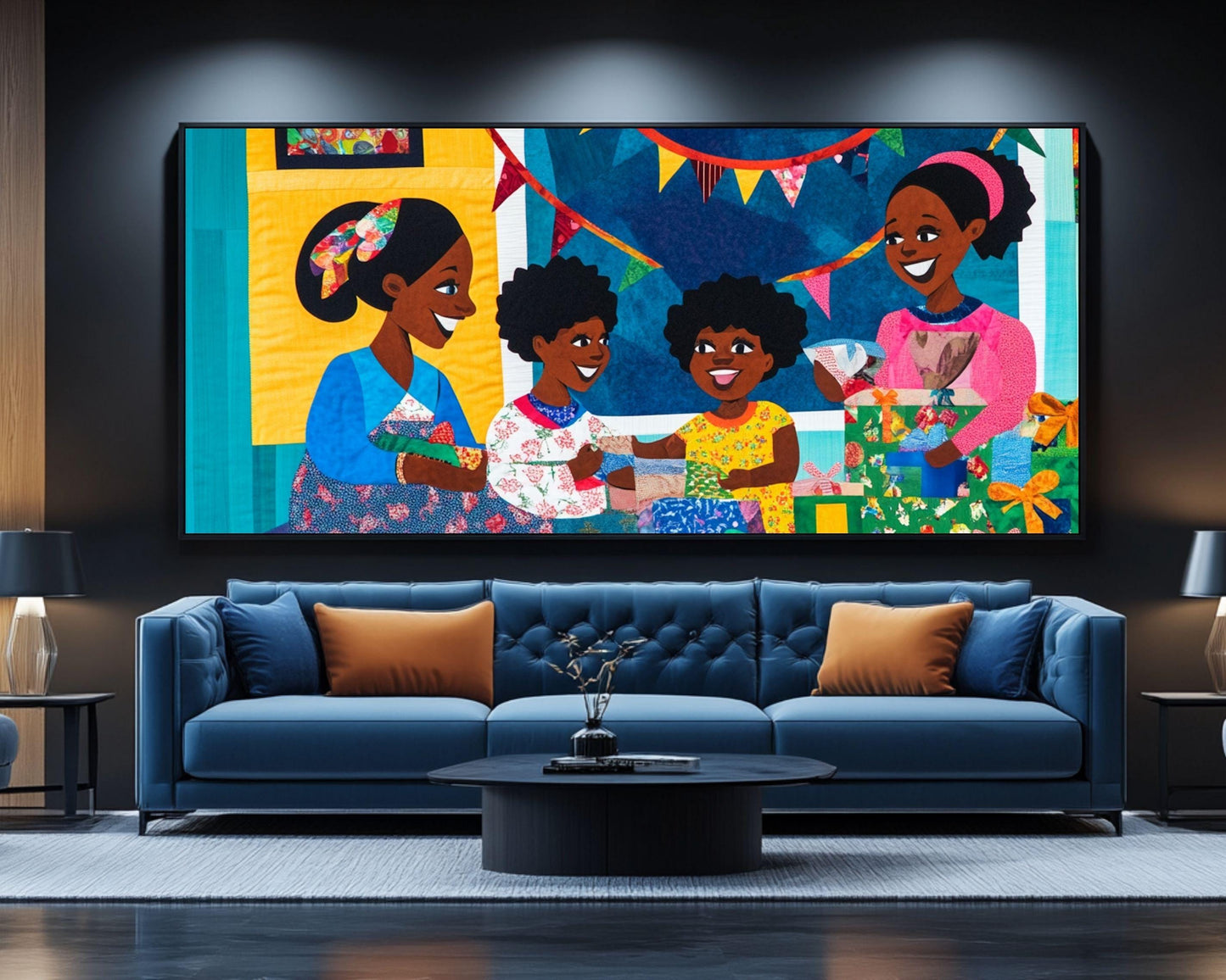 Black Family Opening Christmas Gifts | African American Holiday Art | Quilt-Style Christmas Scene Canvas | Joyful Christmas Home Decor