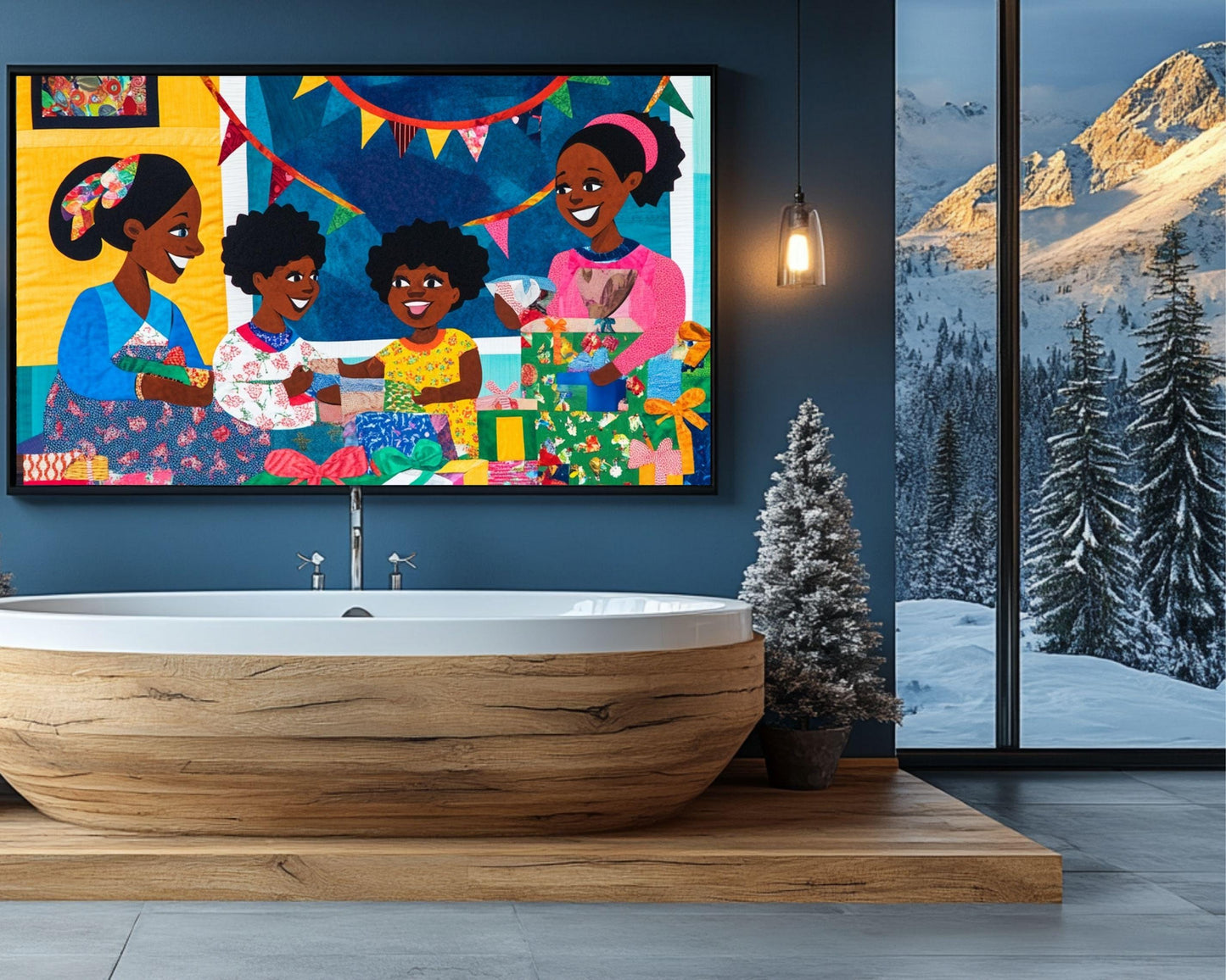 Black Family Opening Christmas Gifts | African American Holiday Art | Quilt-Style Christmas Scene Canvas | Joyful Christmas Home Decor