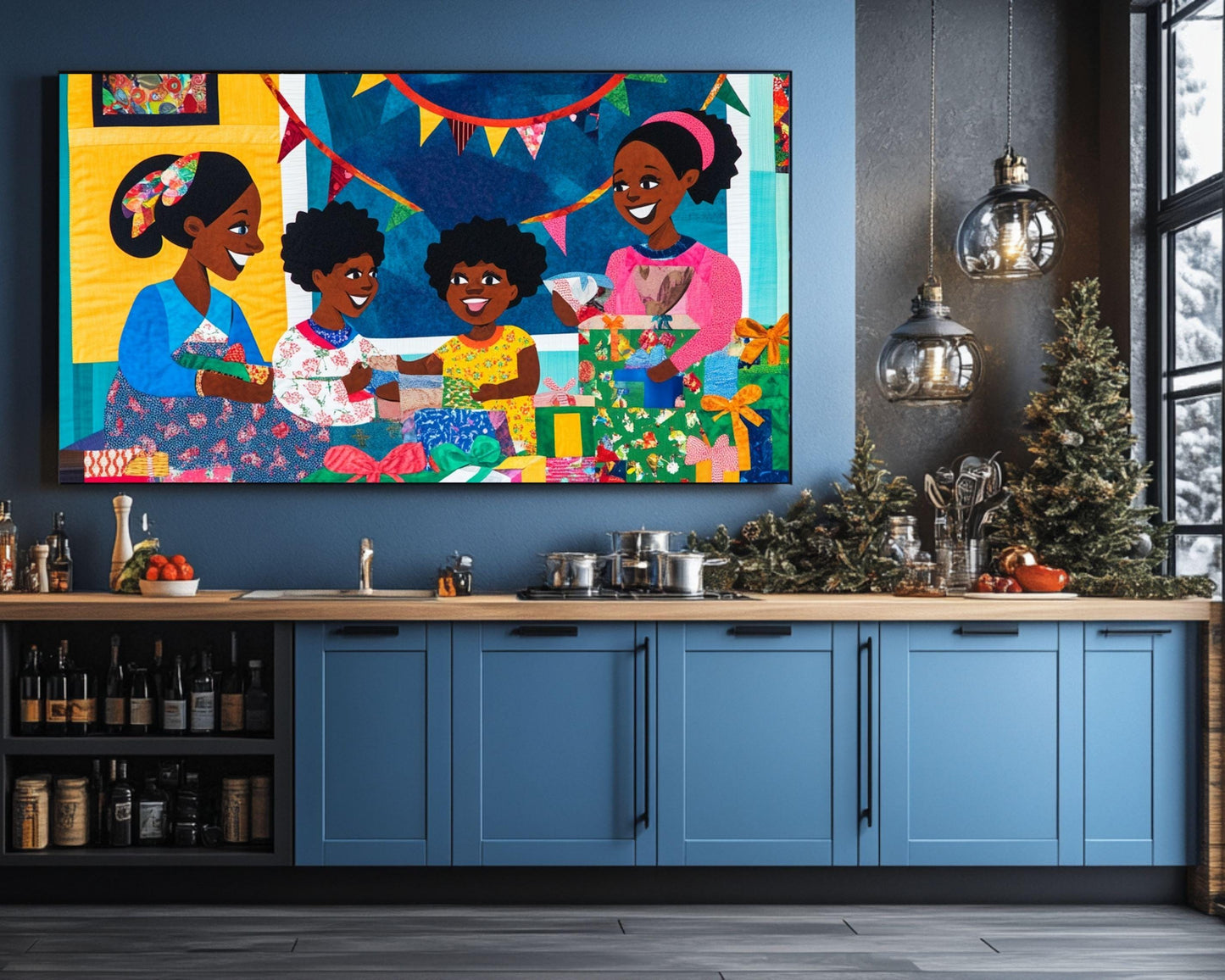 Black Family Opening Christmas Gifts | African American Holiday Art | Quilt-Style Christmas Scene Canvas | Joyful Christmas Home Decor