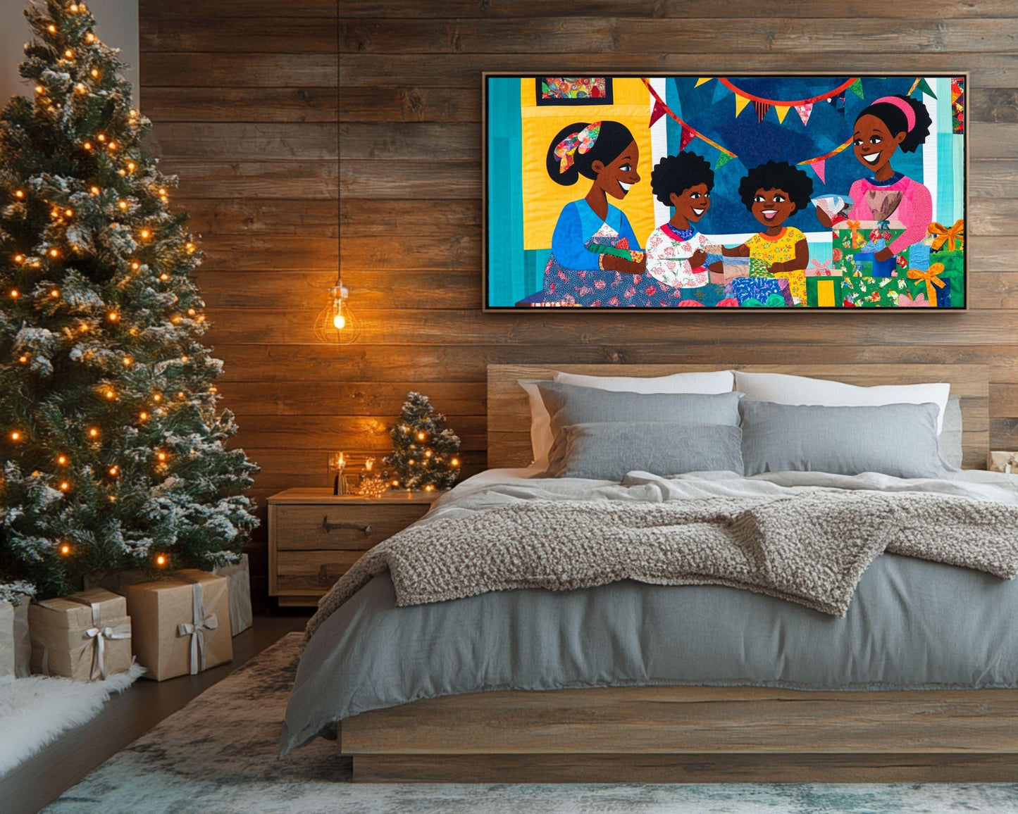 Black Family Opening Christmas Gifts | African American Holiday Art | Quilt-Style Christmas Scene Canvas | Joyful Christmas Home Decor