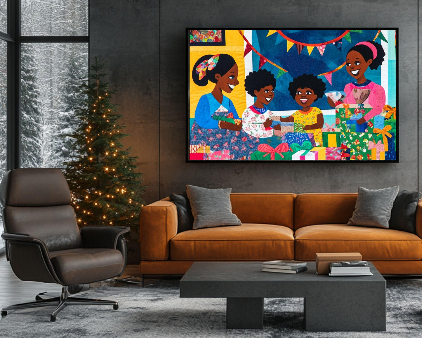 Black Family Opening Christmas Gifts | African American Holiday Art | Quilt-Style Christmas Scene Canvas | Joyful Christmas Home Decor