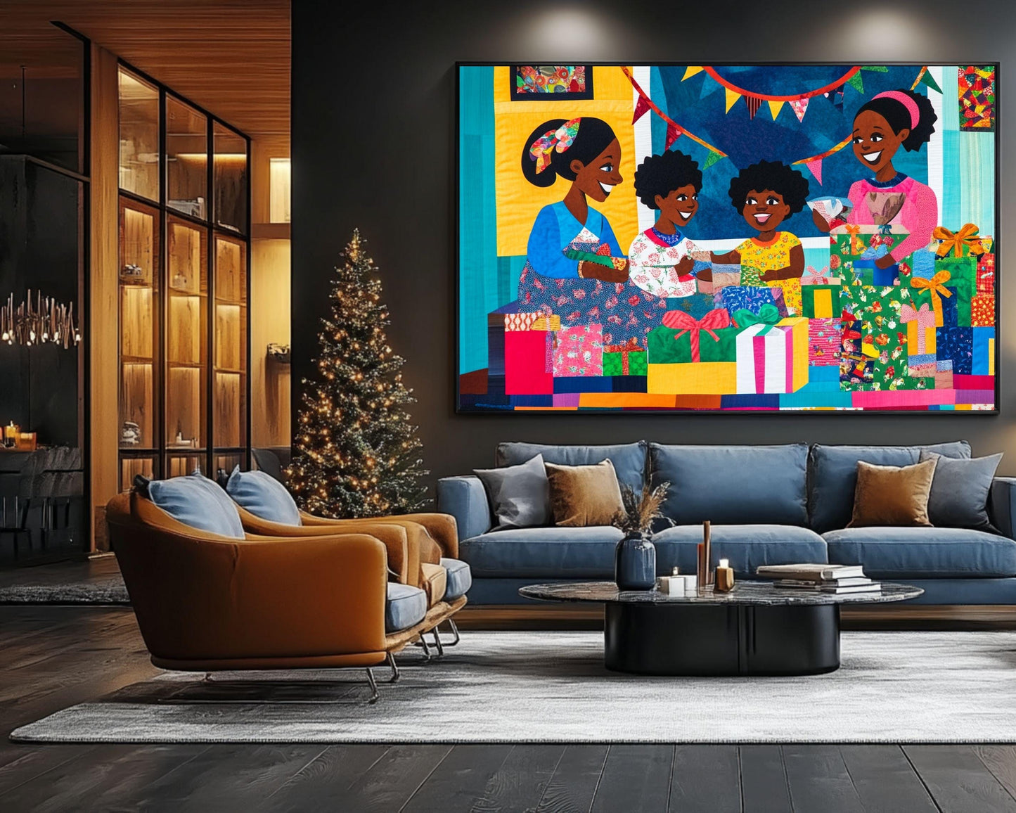 Black Family Opening Christmas Gifts | African American Holiday Art | Quilt-Style Christmas Scene Canvas | Joyful Christmas Home Decor