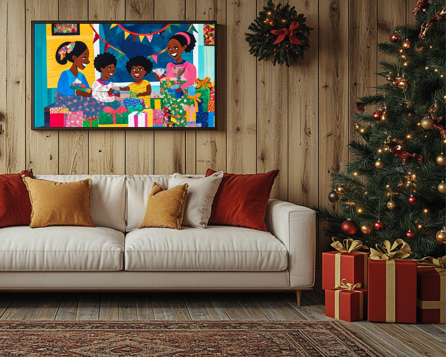 Black Family Opening Christmas Gifts | African American Holiday Art | Quilt-Style Christmas Scene Canvas | Joyful Christmas Home Decor