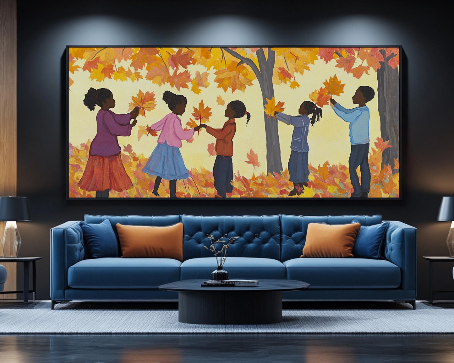 Black Children Collecting Fall Leaves | African American Autumn Art | Vibrant Fall Scene Canvas | Playful Autumn Home Decor