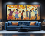 Autumn Joy Wall Art – Black Children Playing in Fall Leaves Canvas