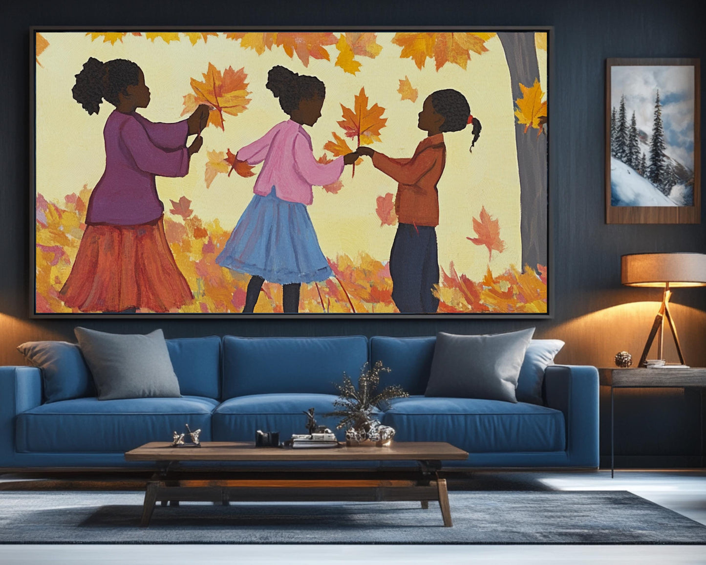 Black Children Collecting Fall Leaves | African American Autumn Art | Vibrant Fall Scene Canvas | Playful Autumn Home Decor