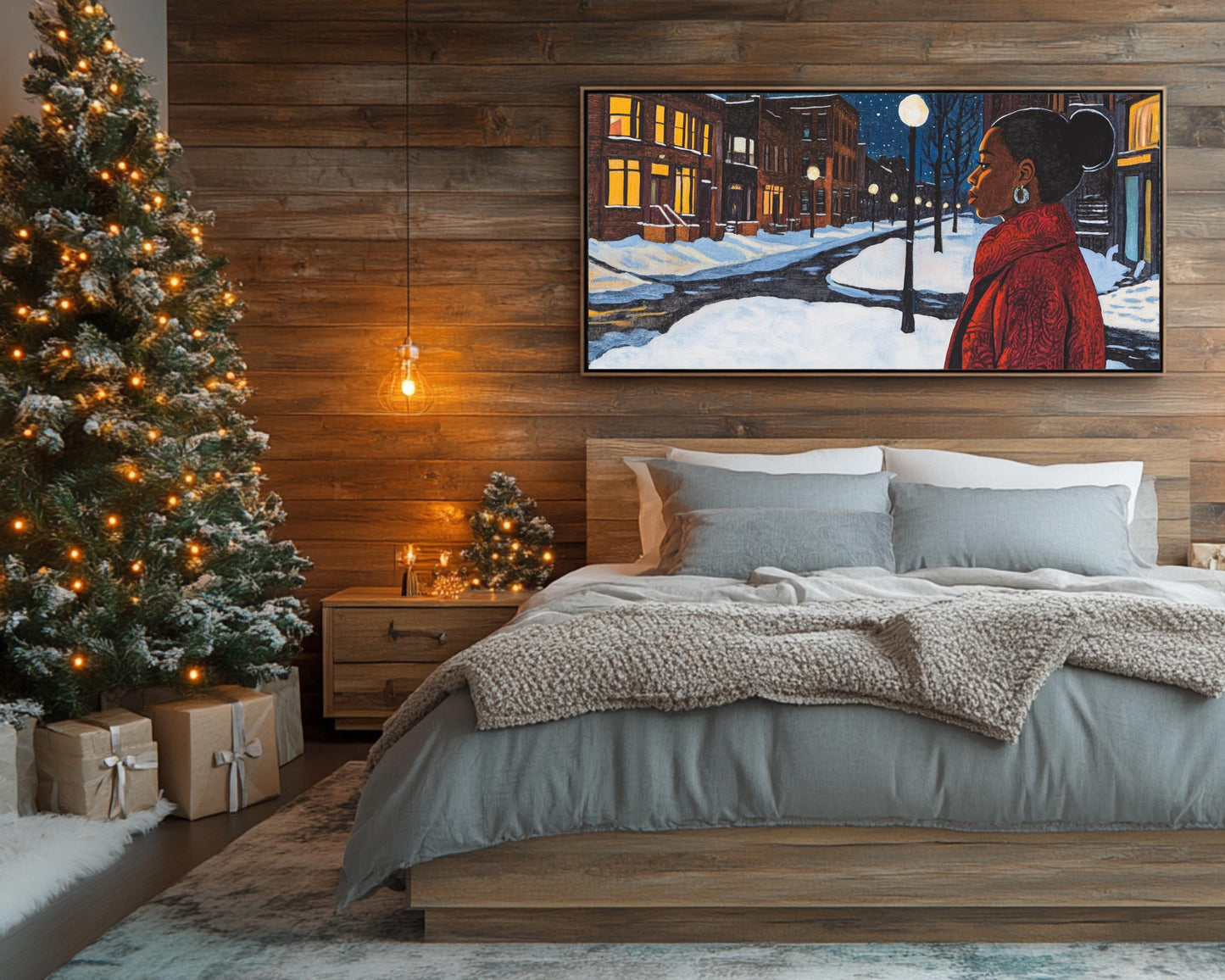 Black Woman Walking in Snowy Neighborhood | African American Winter Art | Peaceful Night Scene Canvas | Winter Home Decor