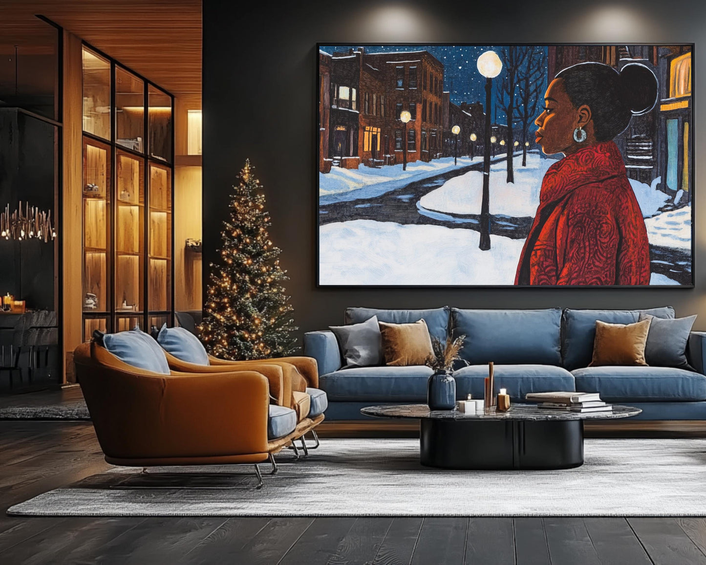 Black Woman Walking in Snowy Neighborhood | African American Winter Art | Peaceful Night Scene Canvas | Winter Home Decor