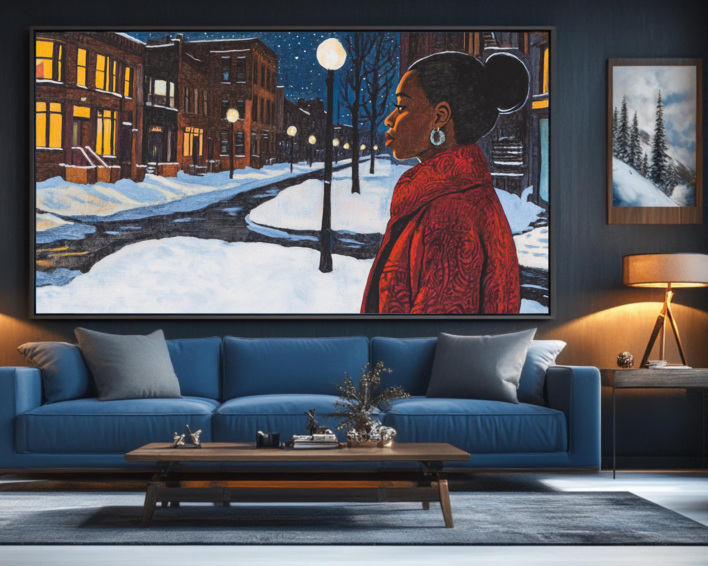 Black Woman Walking in Snowy Neighborhood | African American Winter Art | Peaceful Night Scene Canvas | Winter Home Decor