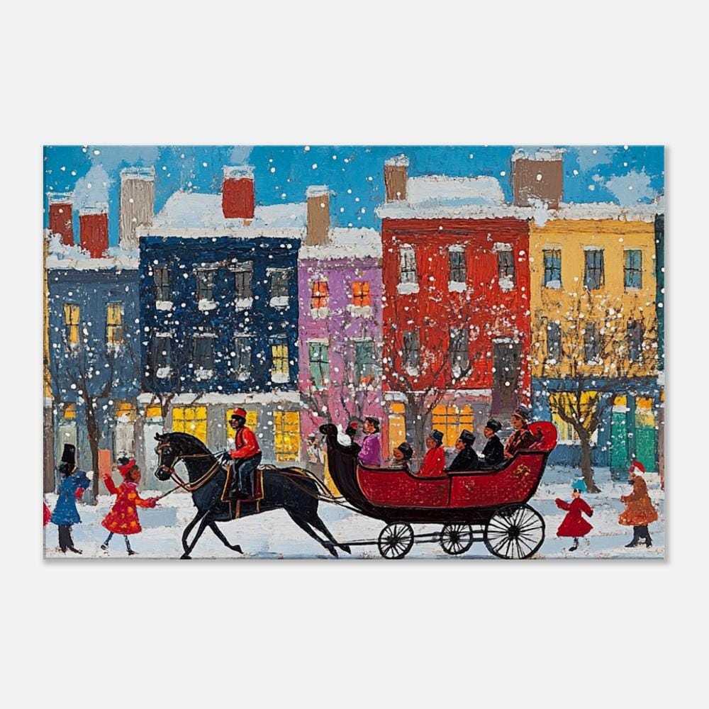 Black Santa in a sleigh, vibrant colors make this African American wall art a festive Christmas decoration.