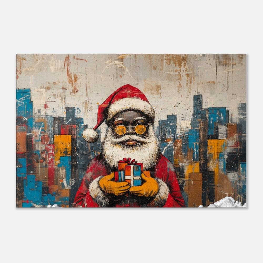 Abstract Black Santa with Gift in Cityscape | Basquiat-Inspired Christmas Art | African American Christmas Decor | Urban Wall Art