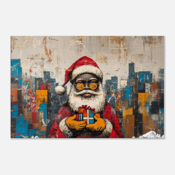 Urban Black Santa canvas art, featuring a festive depiction of Santa in vibrant colors, a unique piece of African American wall art.